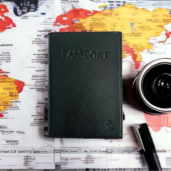 NIB Black Leather Passport Holder NORDSTROM Penguin Logo Travel Passport Case - Picture 1 of 6